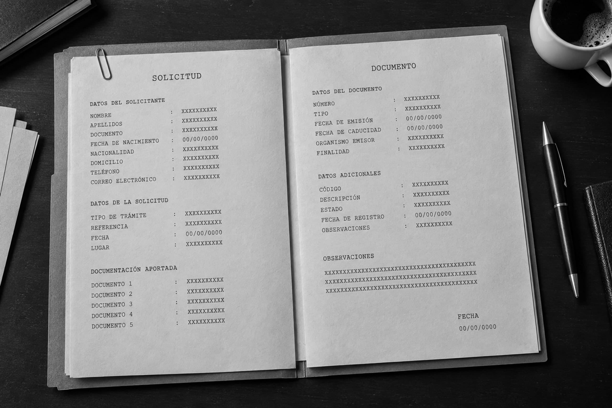 Expediente de solicitud abierto sobre un escritorio, con formularios mecanografiados