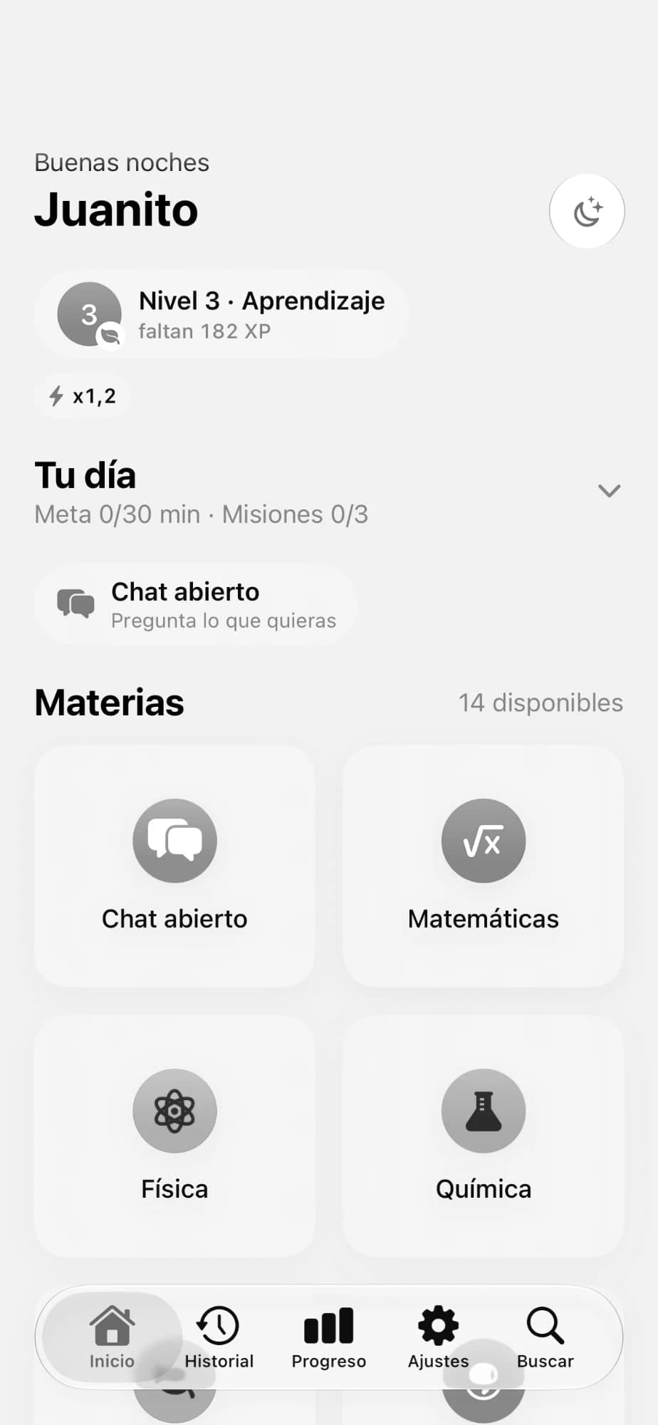 Orbexs Nova on the phone, with its classroom application: the student's day, the open chat and the subjects.